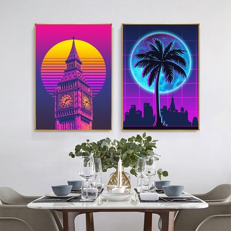 Quadro decorativo 2 peças 40x60 luxo Neon noite cidade rua 80s fantasia vaporwave estilo decoração para casa sala quarto hall interiores corredores