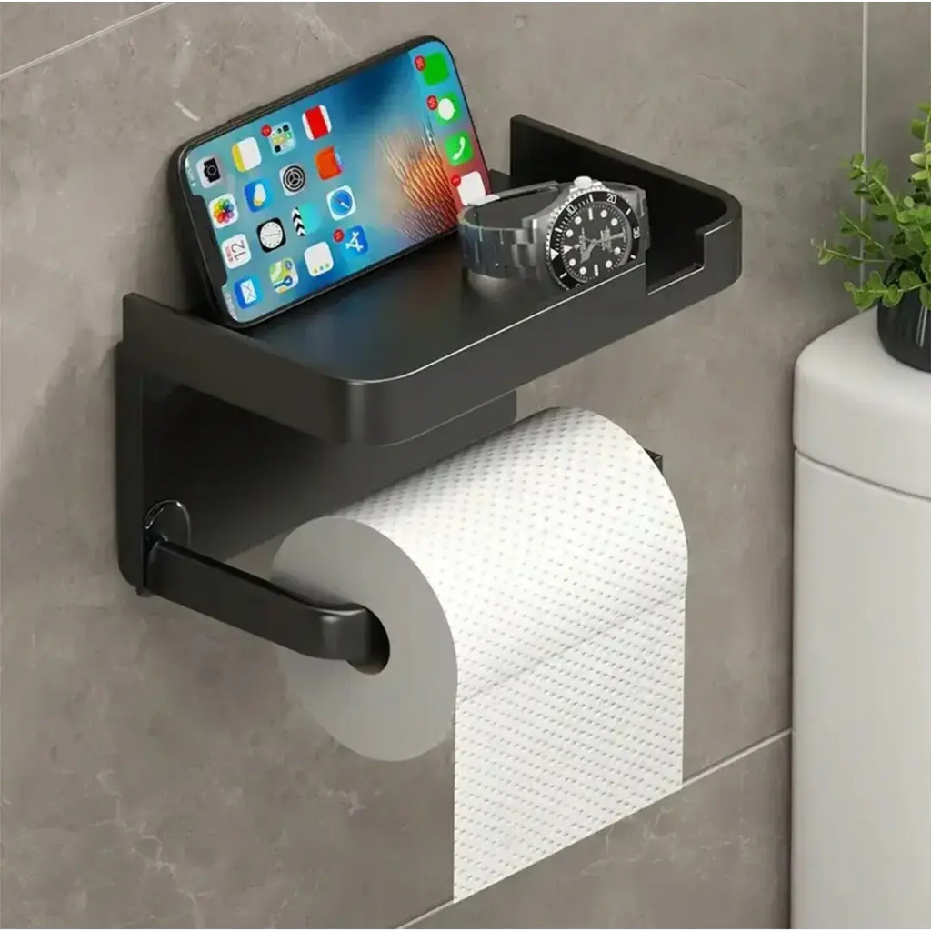 Porta Papel Higiênico Inox Suporte Parede Banheiro Apoio Celular Prateleira Organizador Fixação