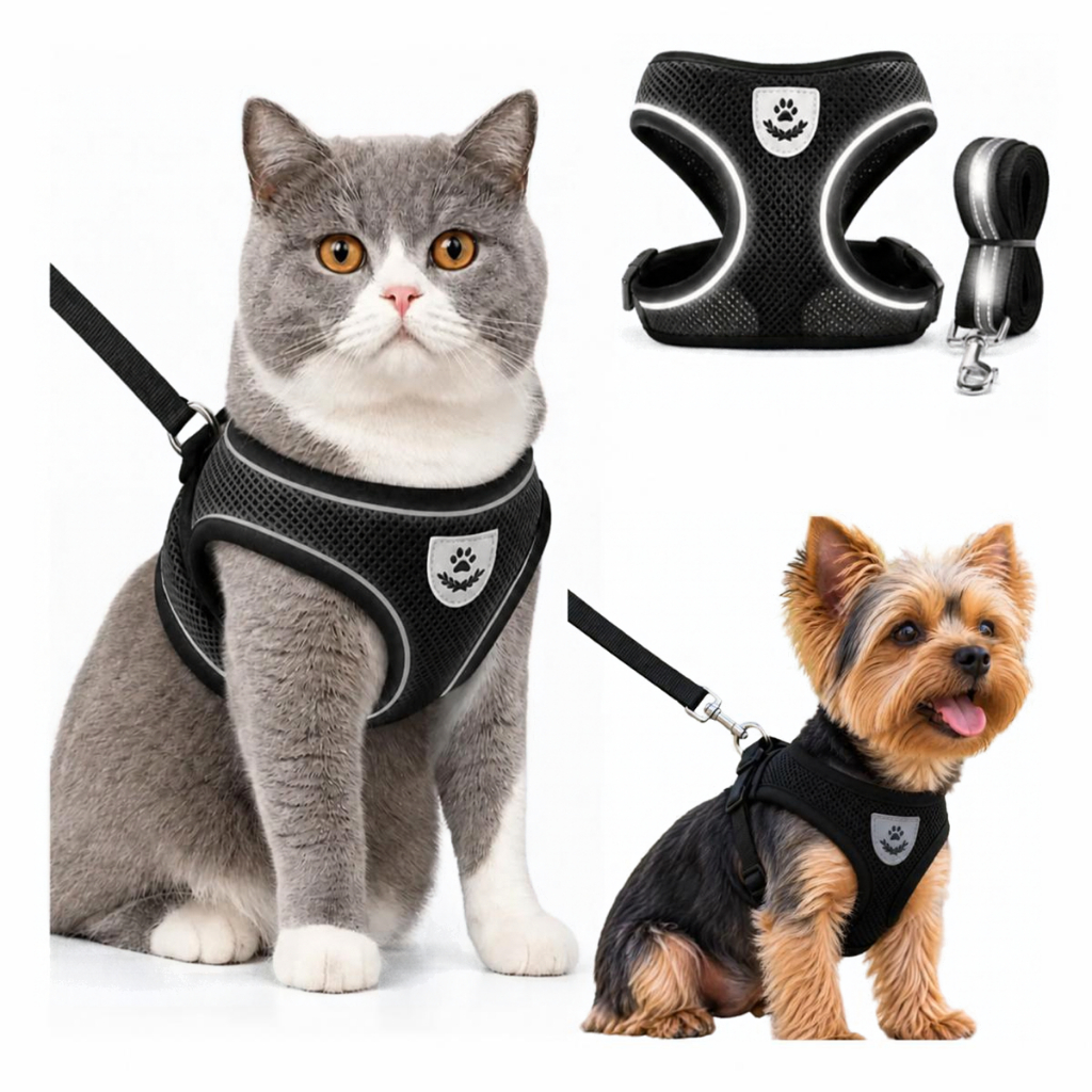 Kit Coleira Peitoral Refletiva Ajustável + Guia Para Cães E Gatos Pequeno Porte