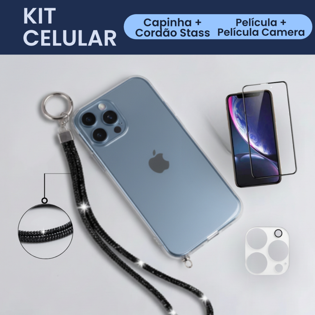Kit Completo Cordão Strass Preta Capinha Space Película 3D Vidro Lente Full Protect