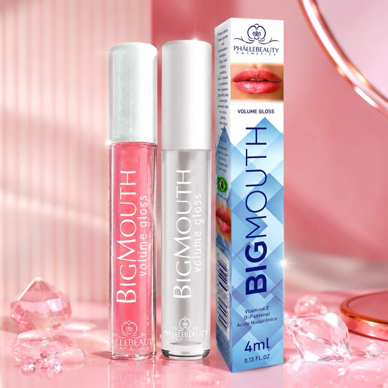 Gloss Labial Aumenta Boca Big Mouth Phallebeauty Efeito Plump Volume Gengibre Transparente e Rosa