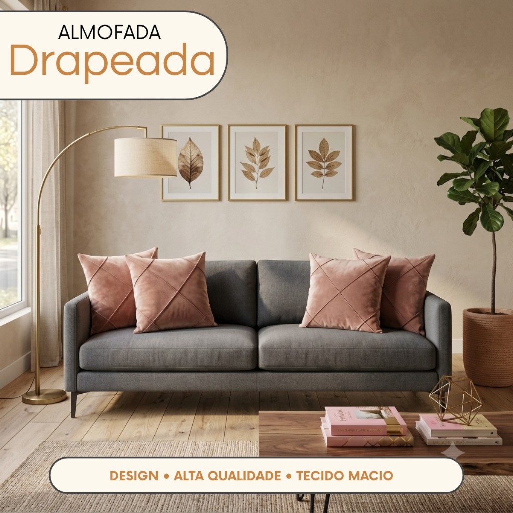 Kit 2 Capas de Almofada Drapeada 45x45cm Camurça com Zíper Invisível Decorativa para Sofá e Cama