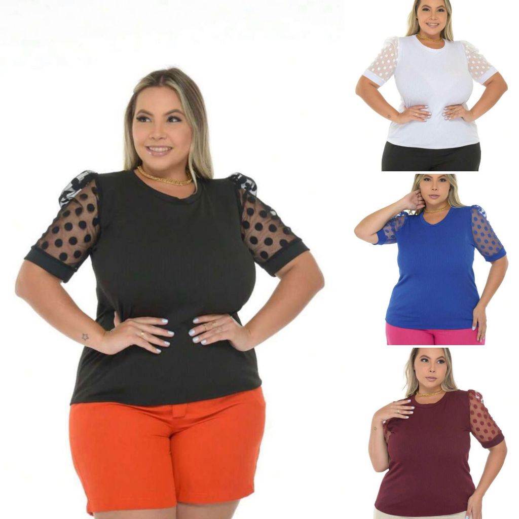 Kit 4 Blusa Feminina Plus Size Bufante Bolinha Tule Poa 46 Ao 50
