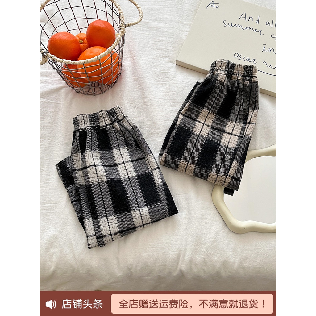 Meninas calças de lã 2026 primavera novo estilo crianças calças xadrez bebê Casual calças retas meninos moda cenoura cal