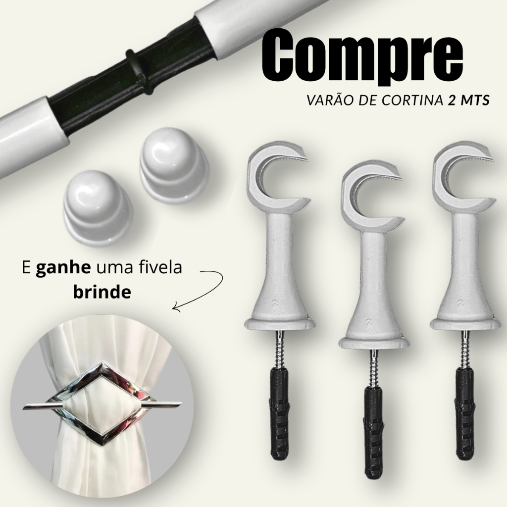 KIT VARÃO DE CORTINA 2 METROS DE AÇO RESVESTIDO 1 PARAFUSO + FIVELA OVAL OU LOSANGO DE BRINDE 19MM E 28MM–COMPLETO