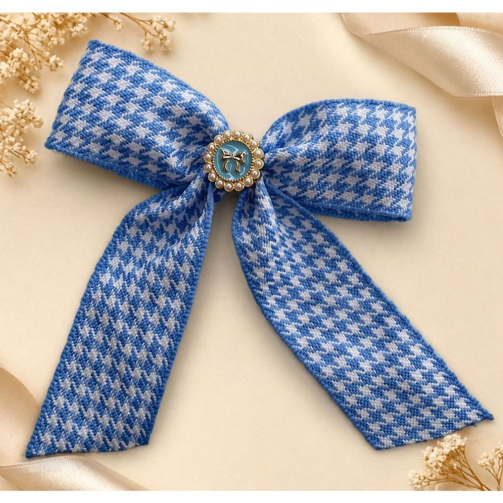 Laço Cabelo Xadrez Azul Quadriculado Bico de Pato Luxo Blogueira Adulto Infantil Moda Junino Virginia