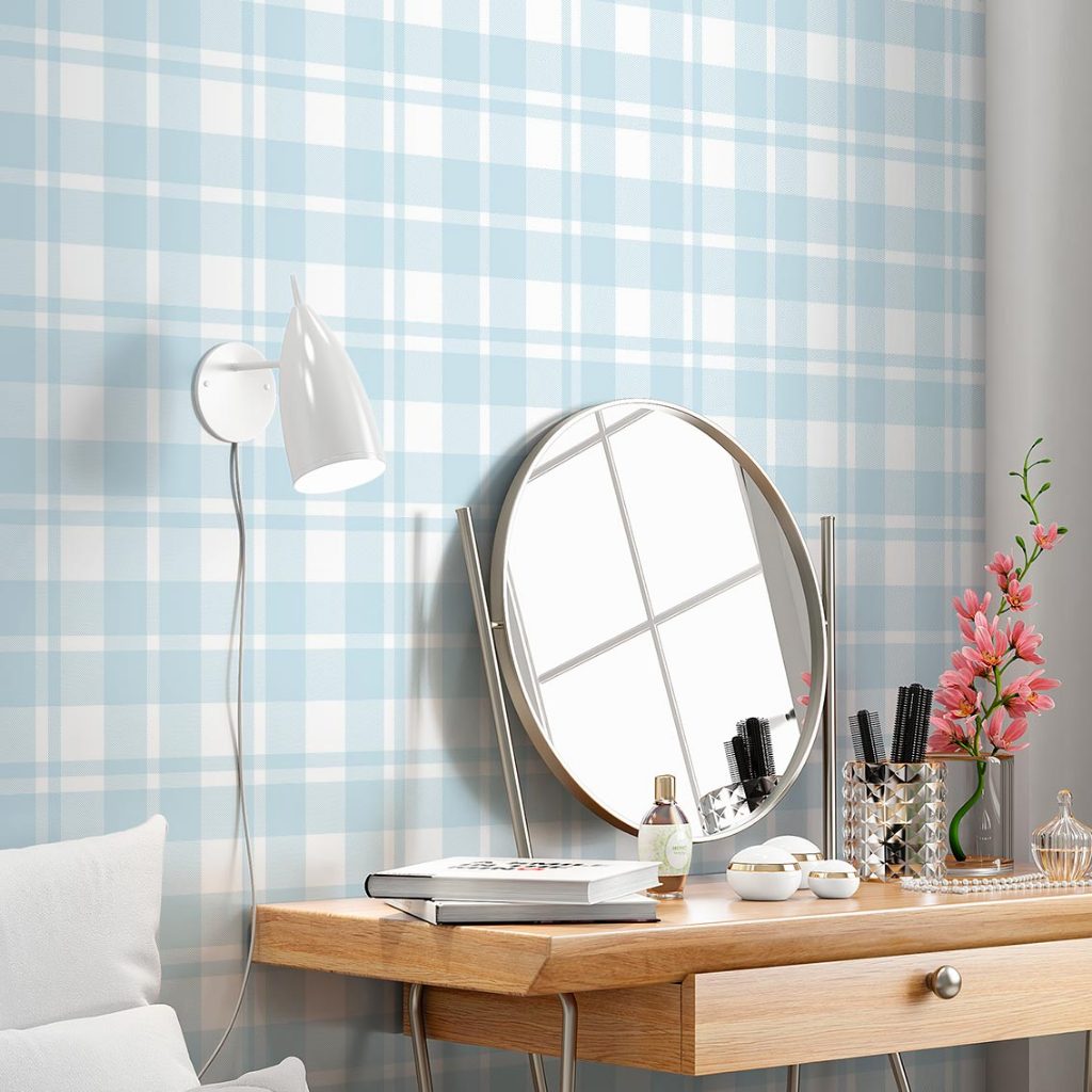 Papel de Parede Adesivo Xadrez Azul Claro Quarto de Menino, Infantil , Teen ou Adulto, Lavável Autocolante SSXA-003