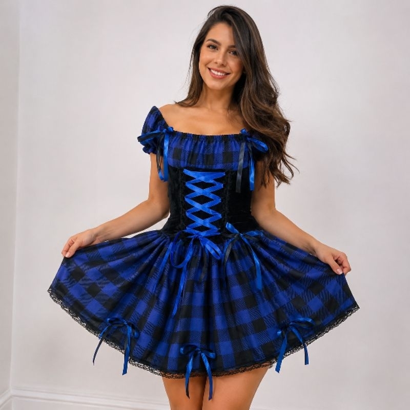 vestido caipira de luxo azul xadrez adulto decorado com lacinhos