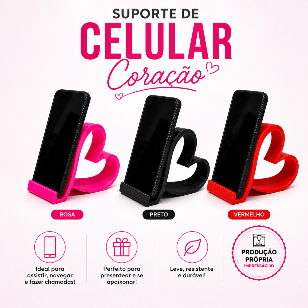 Suporte de Celular Coração 3D | Apoio para Smartphone | Organizador de Mesa Decorativo