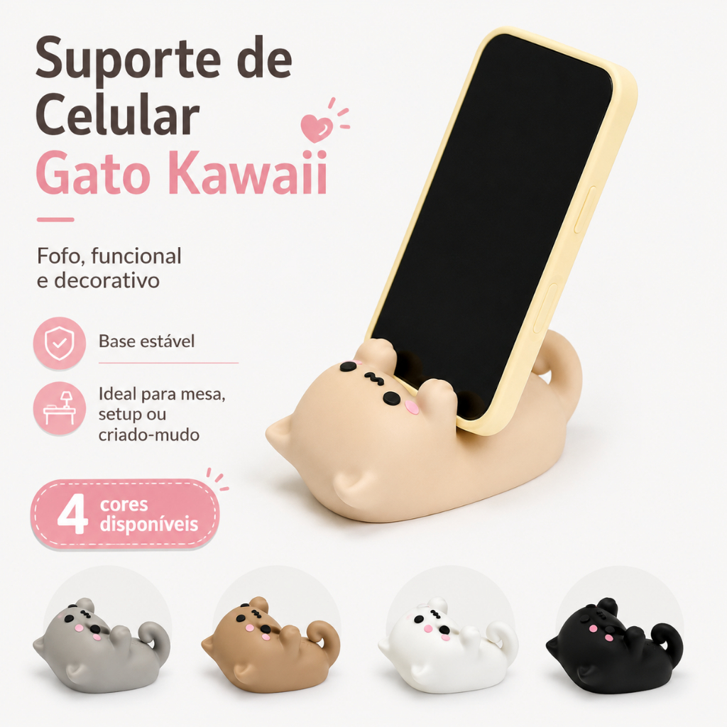 Suporte de Celular Gato | Porta Smartphone Decorativo | Suporte para Mesa