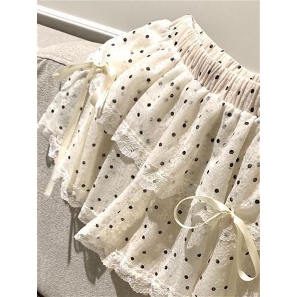 Doun Girl Waltz Polka Dot Lace Laced-Up Bolo Saia Doce Requintado Feminino Saia Curta Feminina