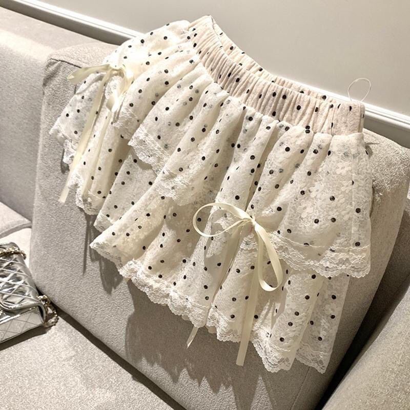 Doun Girl Waltz Polka Dot Lace Laced-Up Bolo Saia Doce Requintado Feminino Saia Curta Feminina