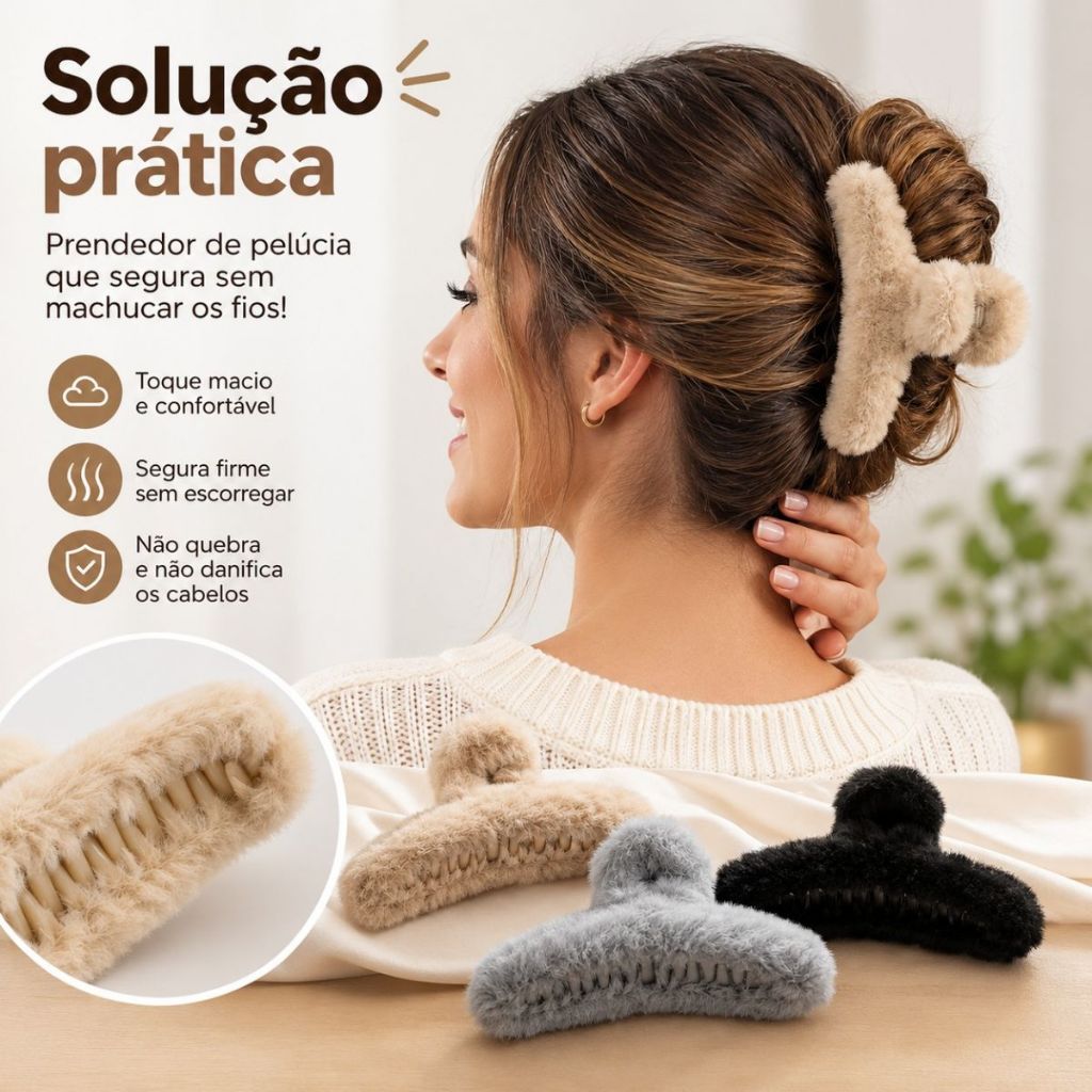 Prendedor de Cabelo Piranha Pelúcia Kit 3 Cores Sortidas Presilha Feminina