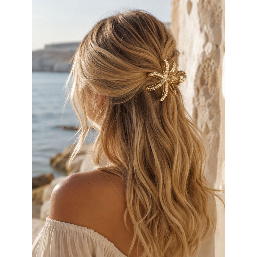 Presilha Prendedor de Cabelo Estrela-do-Mar Dourada Garra Feminina Piranha de Cabelo Metal 11cm