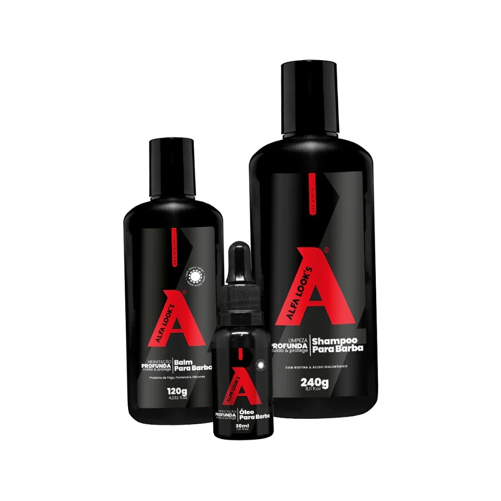 KIT COMPLETO PARA BARBA – SHAMPOO, BALM E ÓLEO ALFA LOOK’S