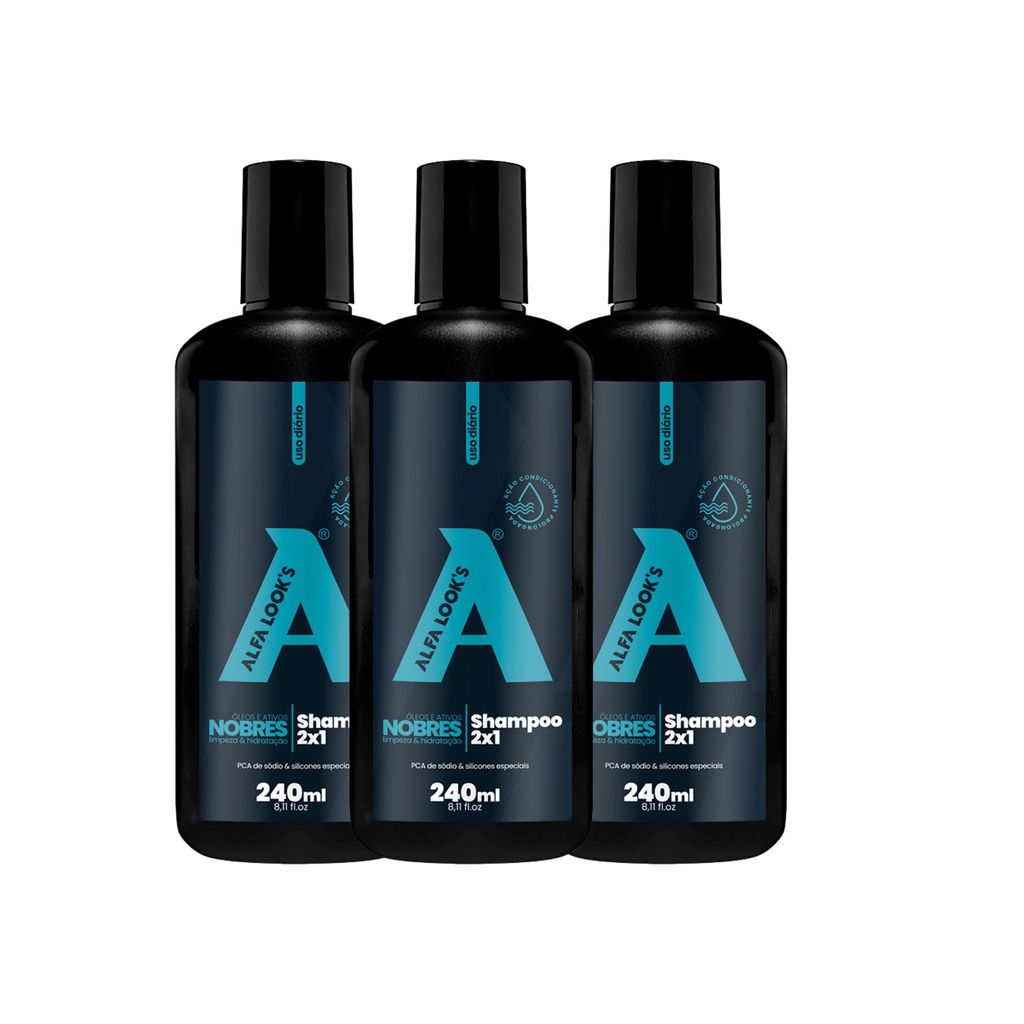 Kit 03 Shampoo 2 em 1 Alfa Look's 240ml Cabelo e Barba Limpeza Hidratação Cuidado Completo Diária