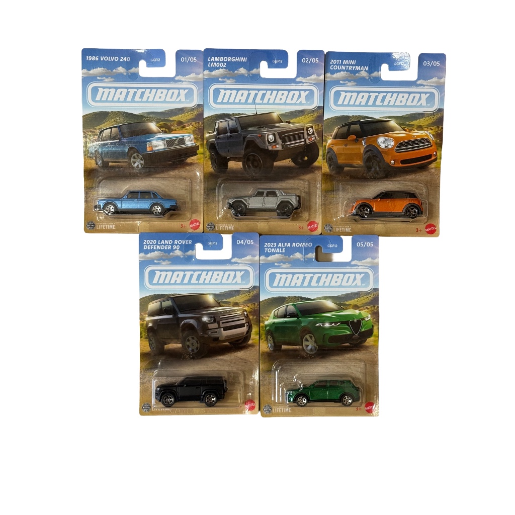 Matchbox Set Completo 5 Carros 1:64 Volvo 240 Lamborghini LM002 Mini Countryman Defender Alfa Romeo Tonale Volvo 240