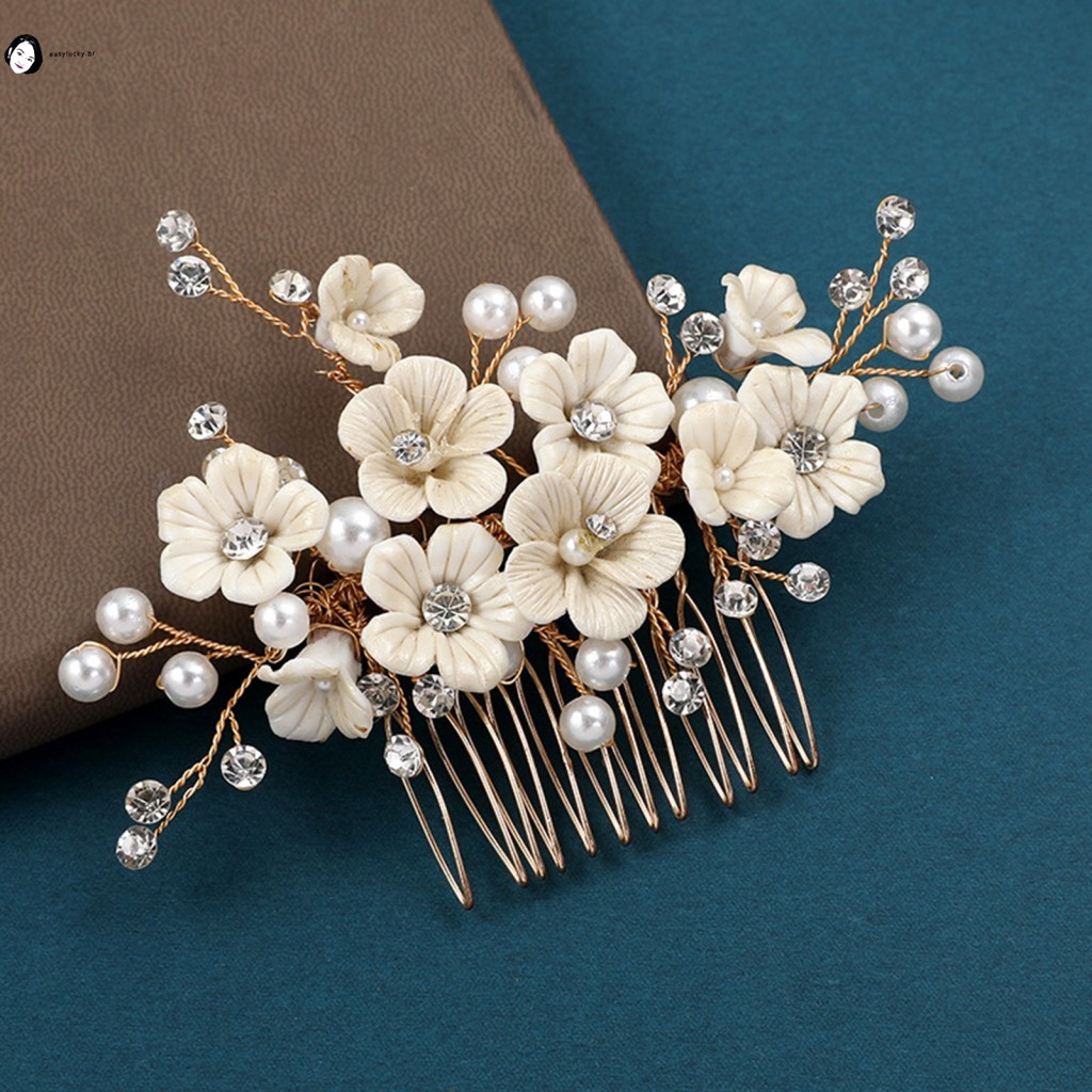 Pente De Cabelo De Noiva Com Flor De Cerâmica Branca-Chapéu De Casamento Luxuoso Para Penteado De Vestido