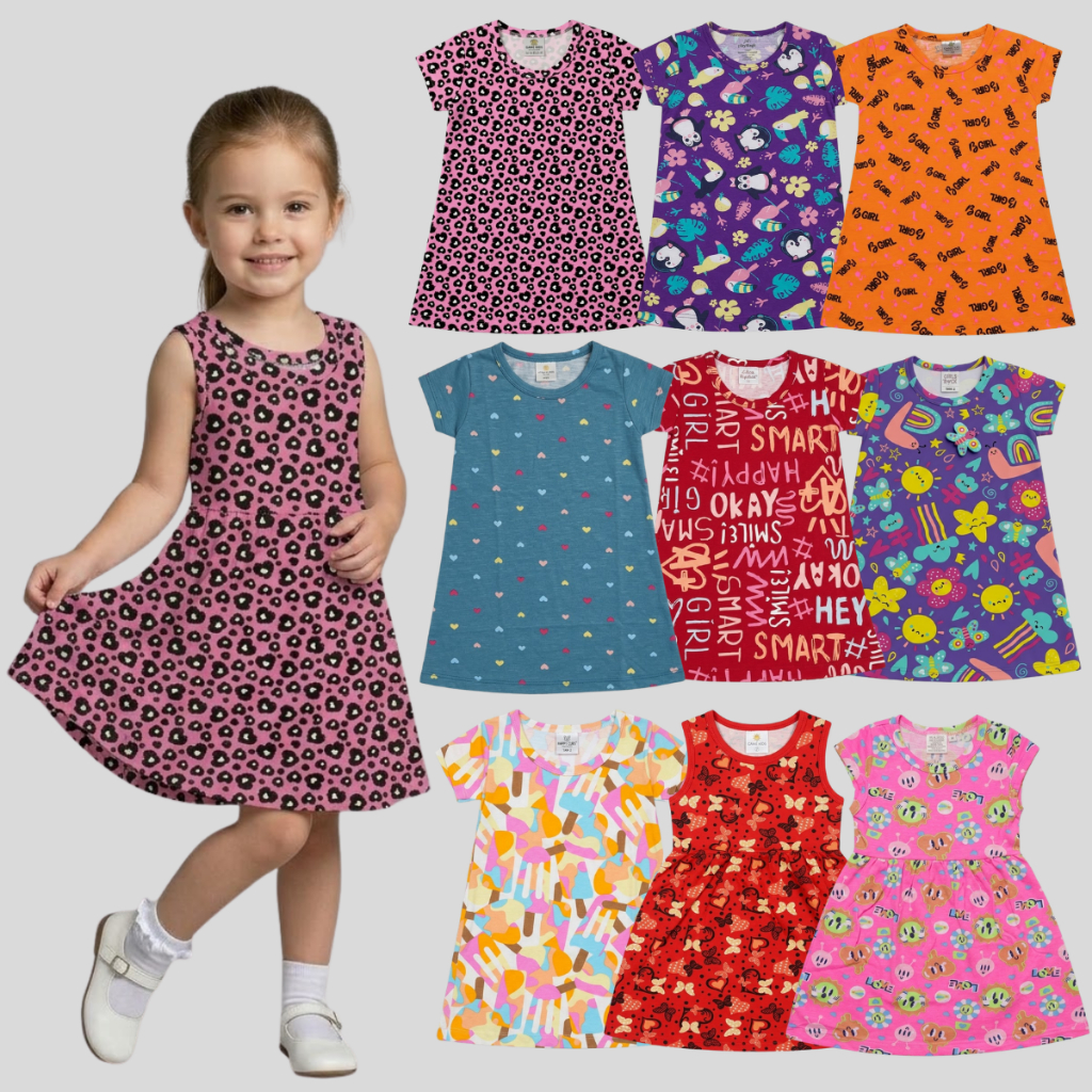 Kit 4 Roupa Infantil Menina Vestido Estilo Fashionista Casual Dia A Dia Estampas Diversas Sortida