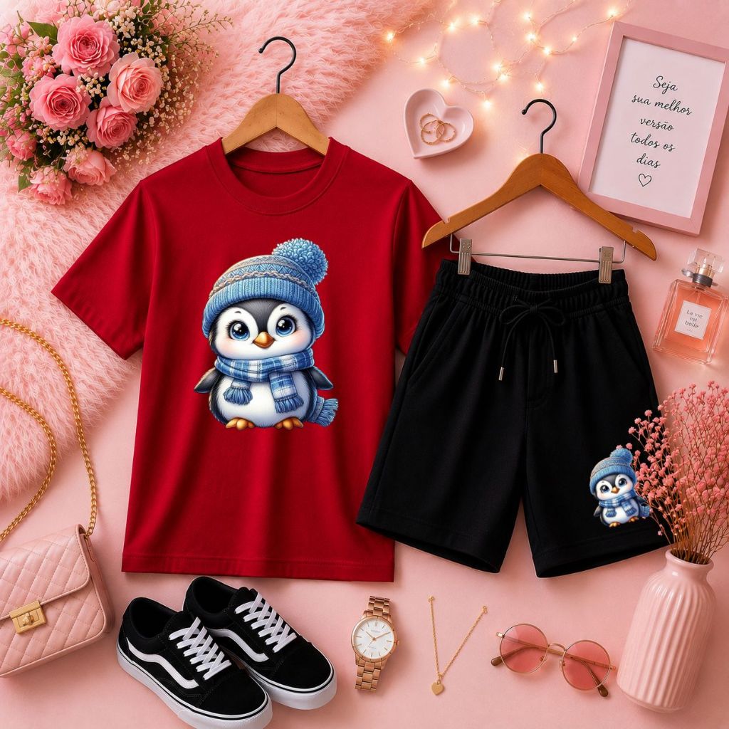 Pequena Fashionista Conjunto Infantil Feminino com Camiseta Básica e Short de Moletom Casual Estampa de Pinguim