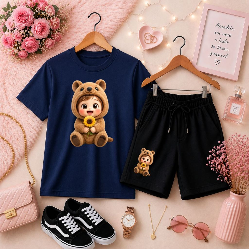 Mini Fashionista Conjunto Infantil Feminino Menina Camiseta Básica + Short Moletom Estampa Menino Ursinho