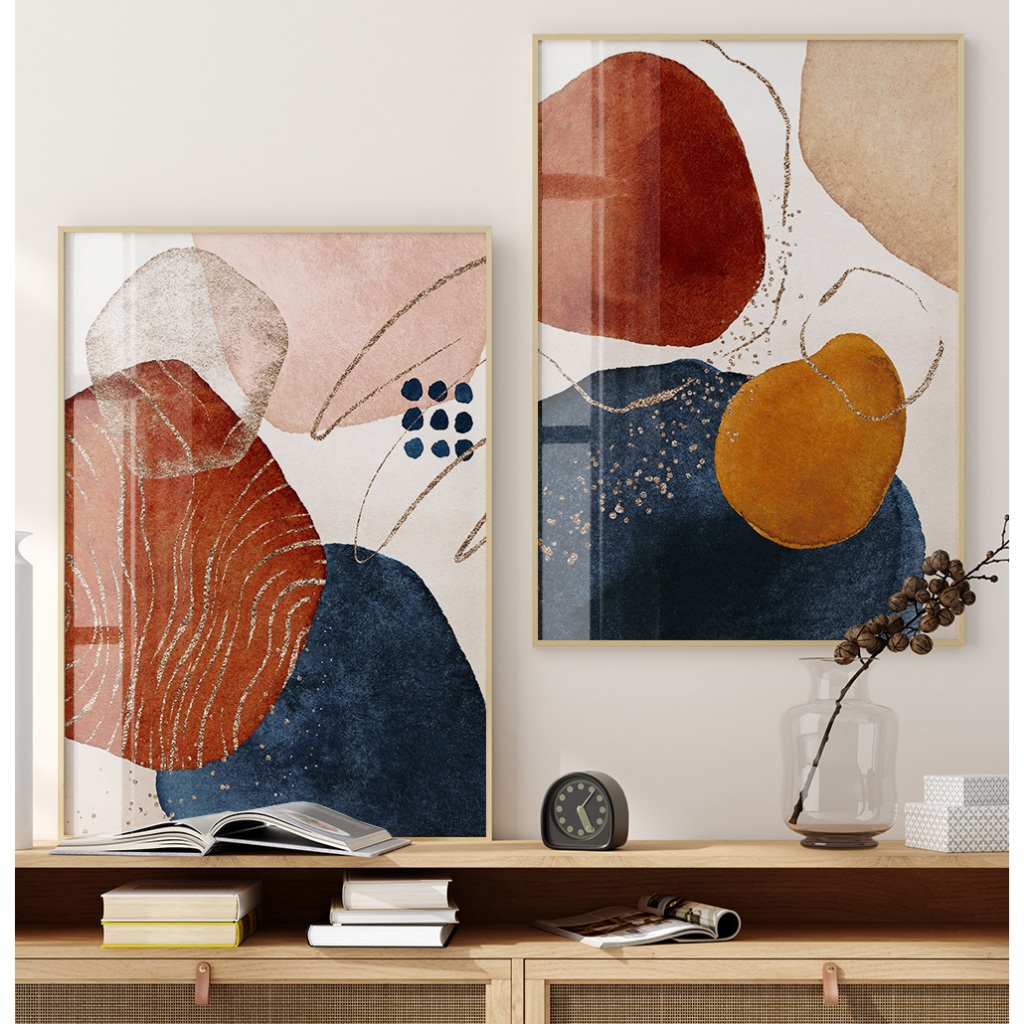 Quadros Decorativos Com Moldura Sala Quarto Duo Abstrato Arte Estilo Boho Azul Rose Vermelho Laranja