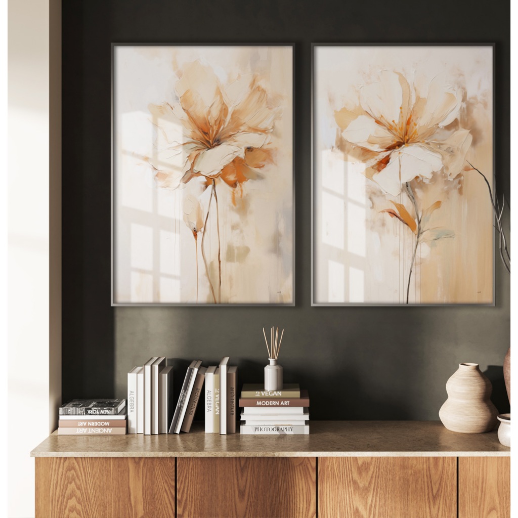 Quadros Decorativos Com Moldura Filete Sala Quarto Casal Duo Arte Floral Flores Tons Laranja E Nude