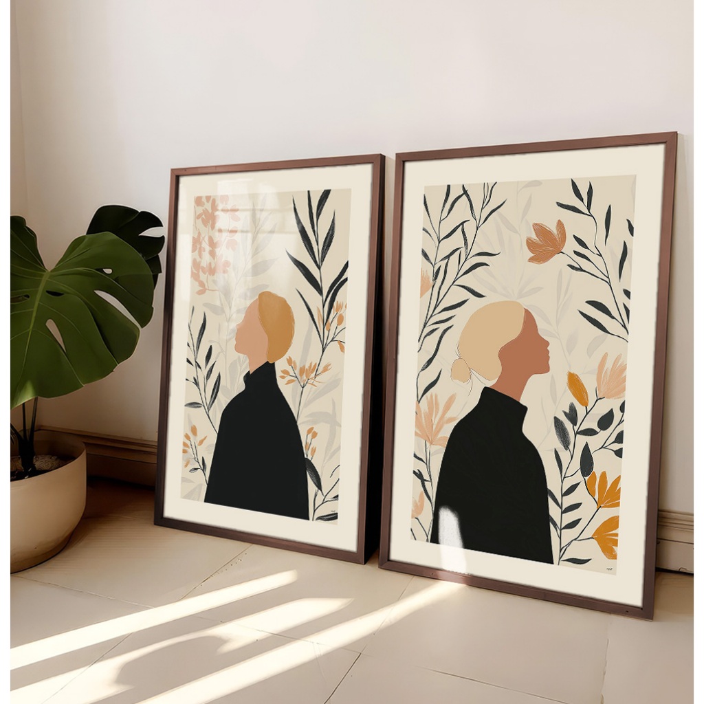 Quadro De Flores Abstrato Feminino Quadro Decorativo Sala Com Moldura Grande Quarto Casal Jardim Duo