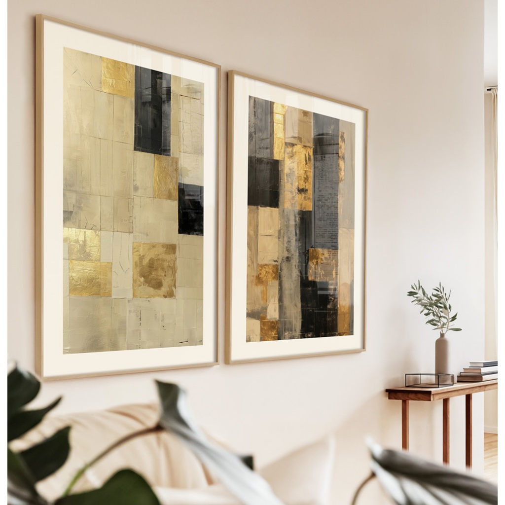 Quadro Moderno Abstrato Com Moldura Quadros Decorativos Sala Grande Quadro Dourado Quadriculado Duo
