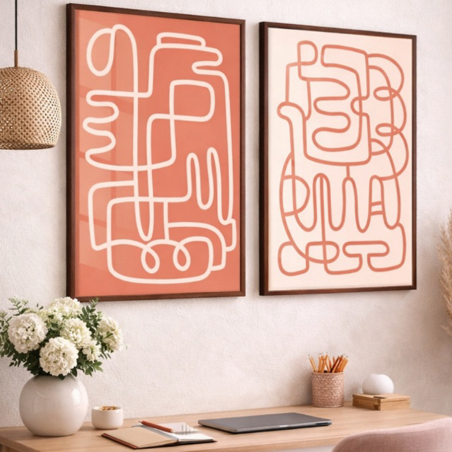 Kit 2 Quadros Decorativos com Moldura Sala Quarto Duo Arte Contemporânea Minimalista Boho Vidro