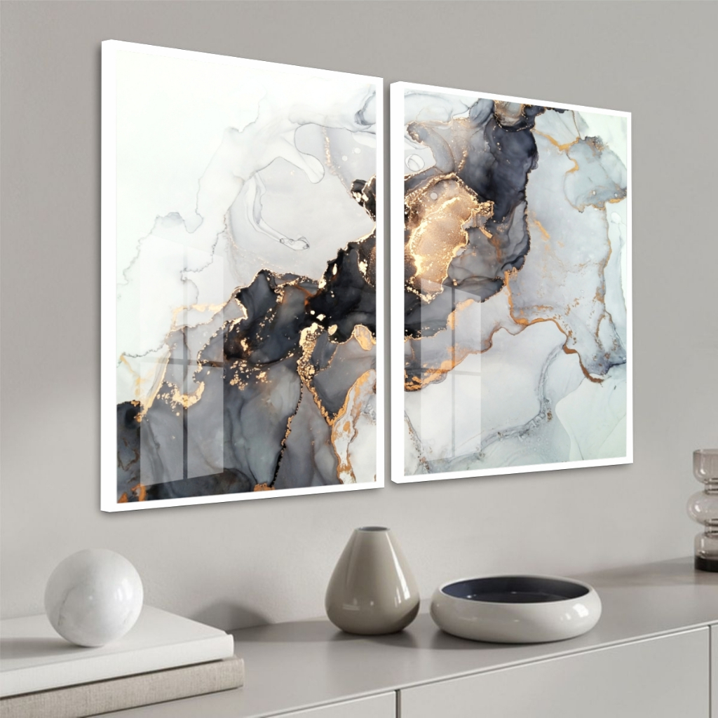 Duo De Quadros Arte Abstrata Marmorizado Cinza Branco Detalhe Dourado Escritório Sala quarto