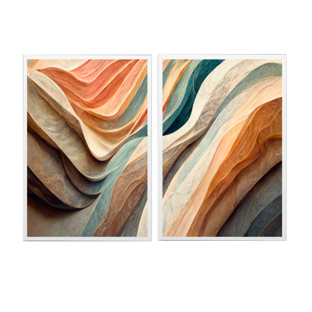 Duo de Quadros Decorativos Abstratos Tons Naturais 40x60cm Moldura Fina Sem Vidro - Vários Ambientes