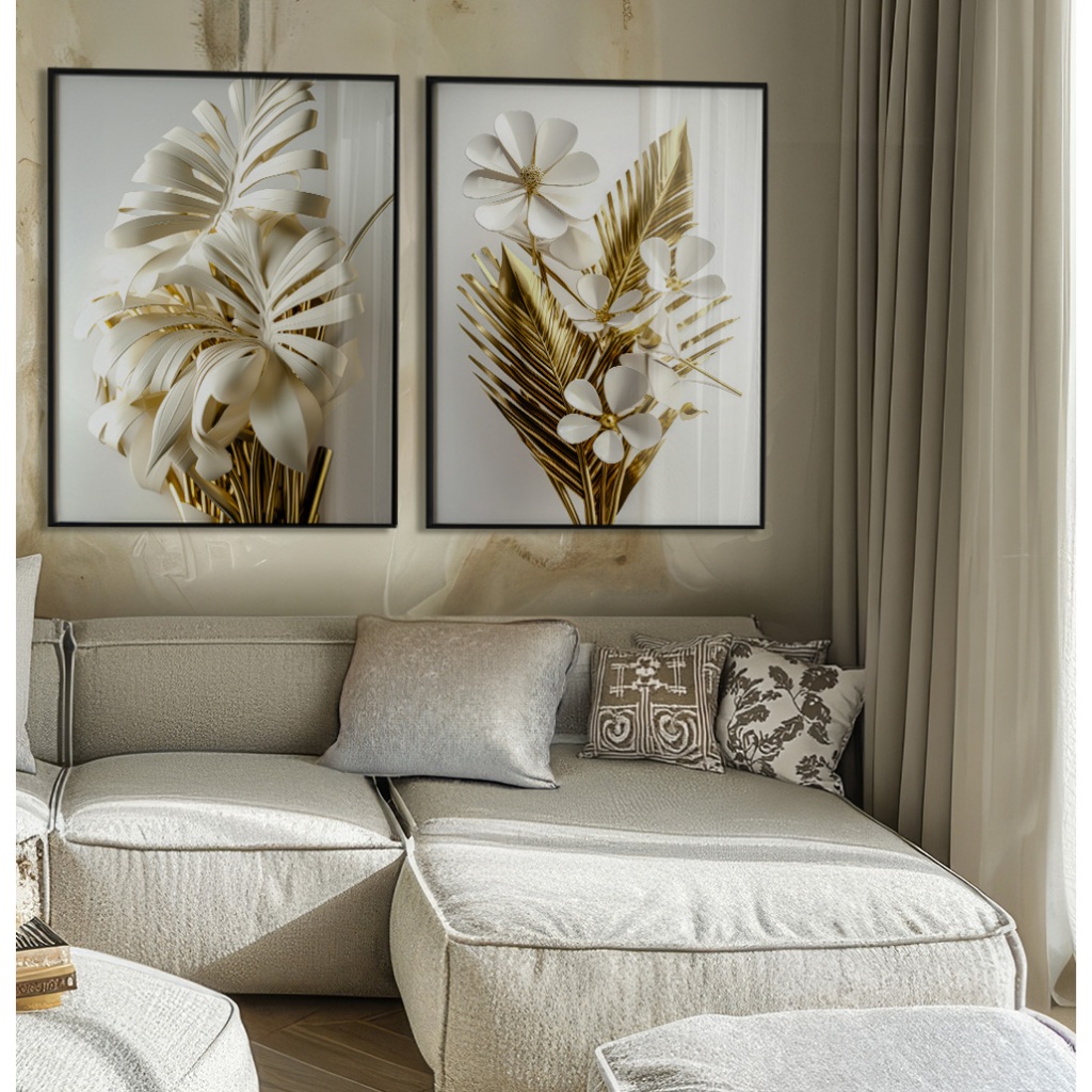 Kit Quadros Decorativos Com Moldura Para Sala Grande Quadro De Flores Dourado Quadro Floral Branco