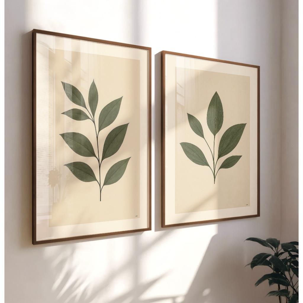 Quadros Decorativos Com Moldura Filete Sala Quarto Duo Arte Floral Ramos Folhas Com Fundo Off White