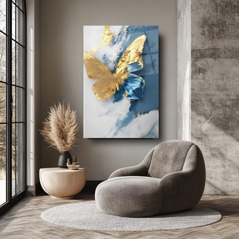 Quadro Decorativo Borboleta dupla cor duo dourada ouro e azul Royal arte escritório banheiro sala quarto