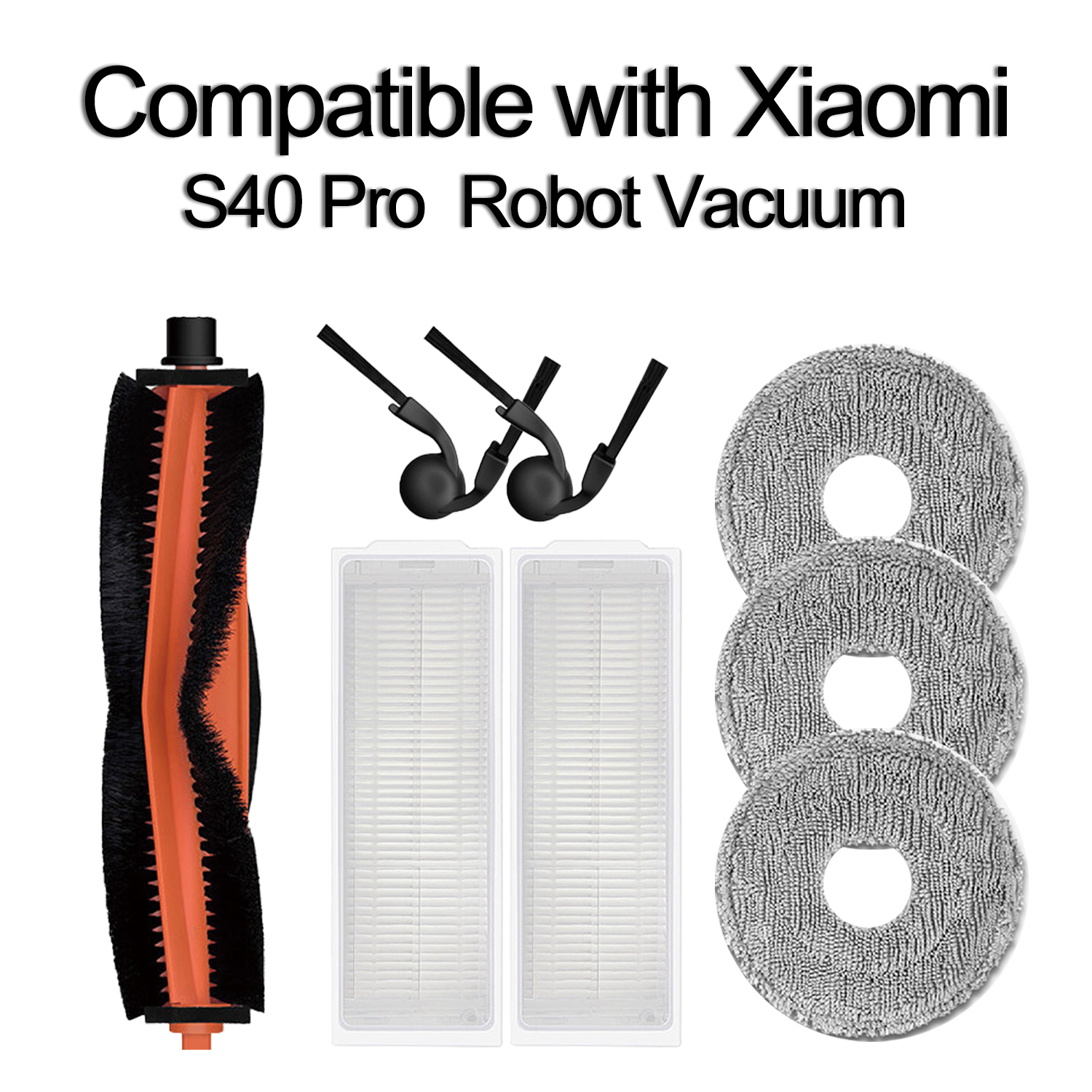 Kit de Acessórios Compatível com Xiaomi S40 Pro Robô Aspirador, Escova Central de Borracha, Panos de Limpeza, Filtros,