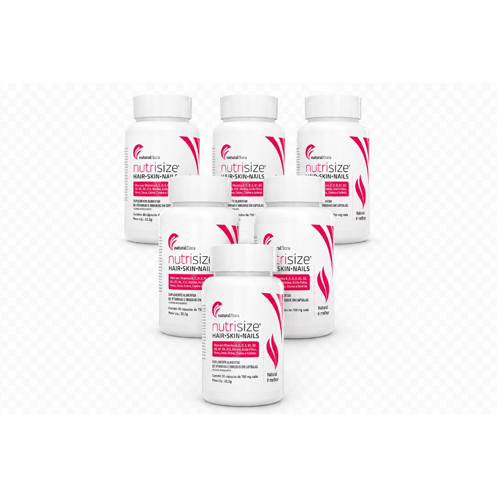 NutriSize Hair Skin Nails Biotina e Mais 17 Vitaminas e Minerais para Cabelo Pele e Unhas Kit 6 Unidades 180 Cápsulas