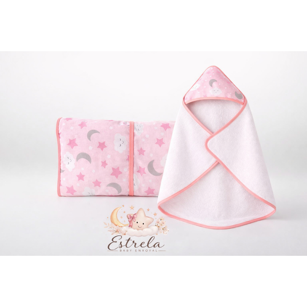 Kit Bebê Toalha Forrada com Capuz + Trocador Portátil Dobrável com Bolso | Enxoval Prático e Macio