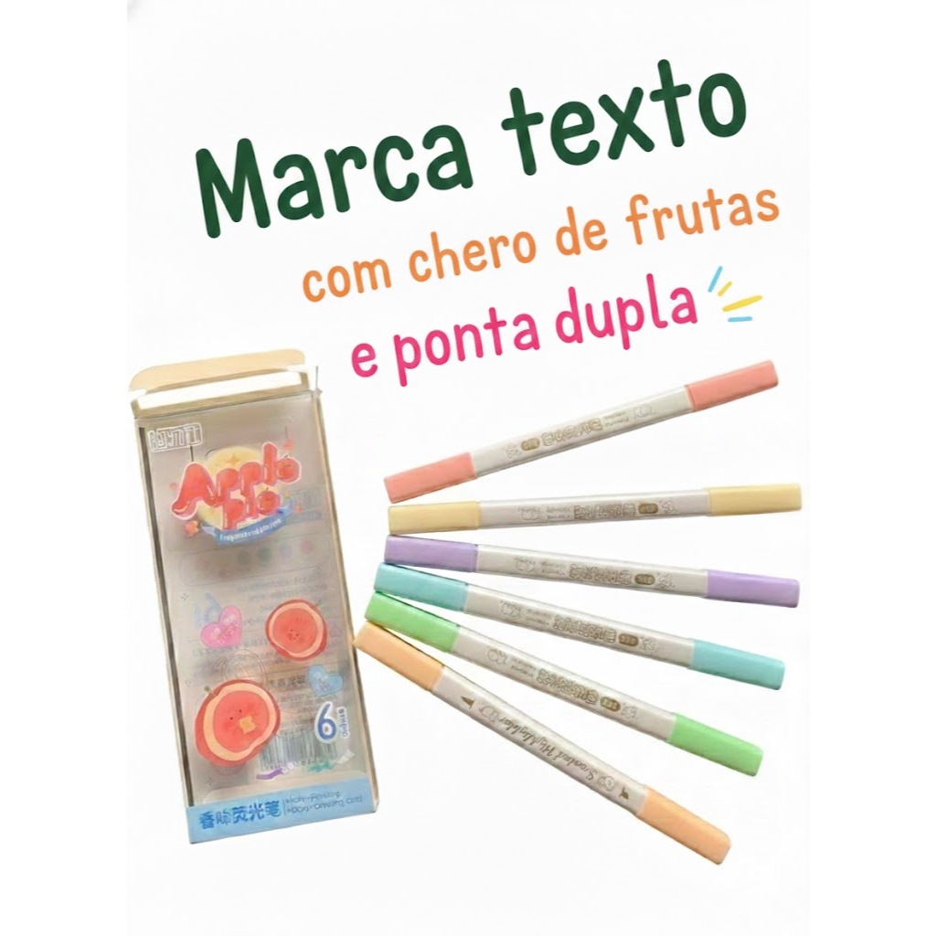 Marca Texto Frutas com Cheirinho • Ponta Dupla • Papelaria Fofa Escolar