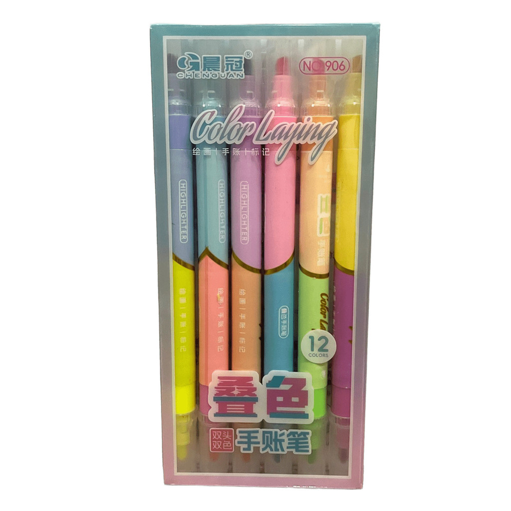 Kit Marca Texto com 6 Peças - Dupla Ponta, 12 Cores - NO.906