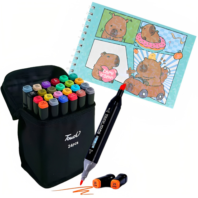 Kit Livro De Colorir Capa Dura 50 Páginas Capivara + 24 Cores Canetinhas Marca Texto Caneta Marcadora Com Ponta Dupla