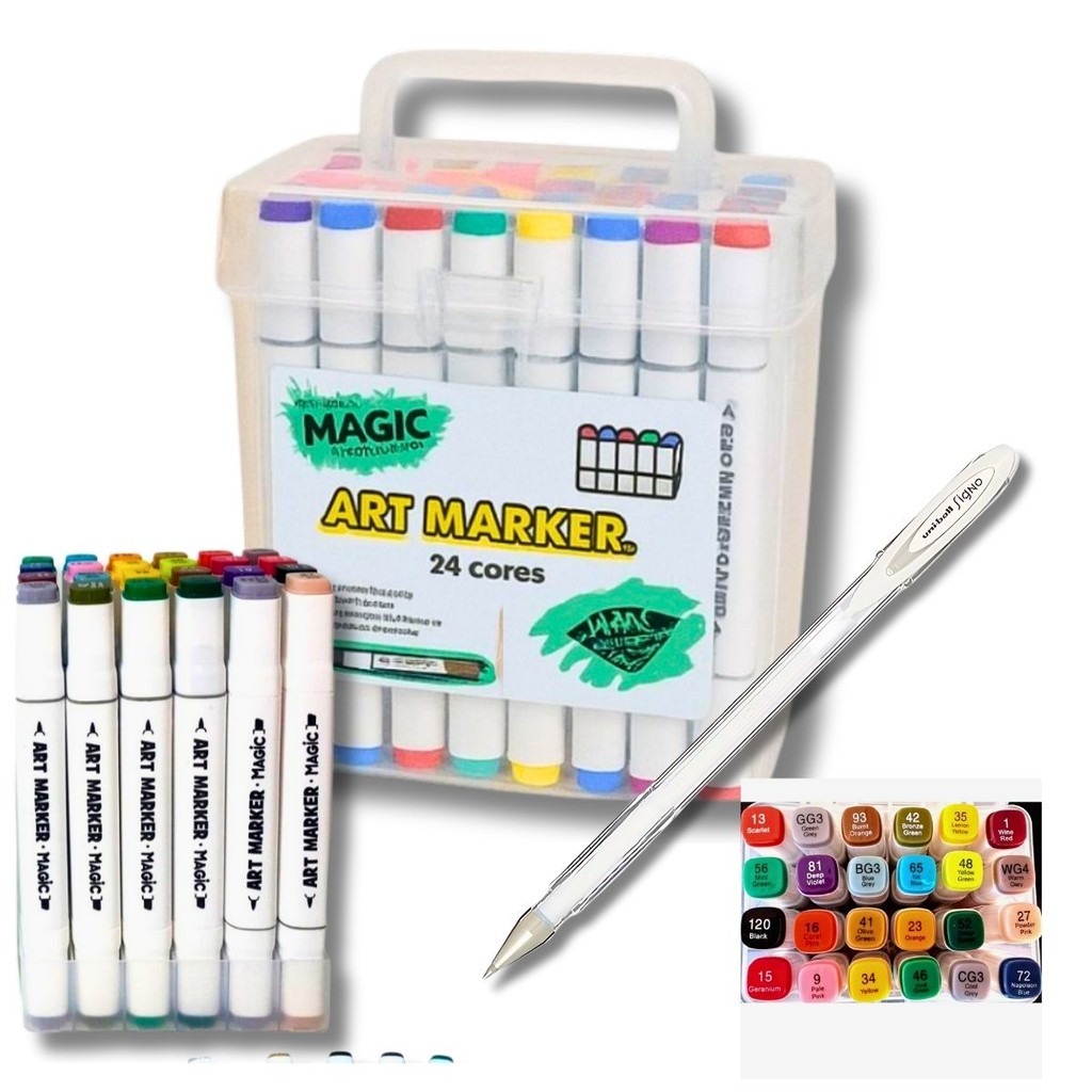 KIT CANETA TOUCH PONTA DUPLA 24 CORES C/ESTOJO MALETA MAGIC KIDS + CANETA SIGNO BRANCA