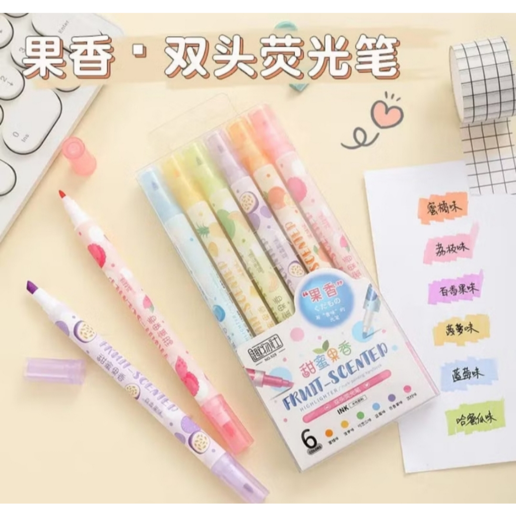 Kit marca texto estojo ponta dupla cheirinho de frutas papelaria fofa 6 unidades Material Escolar