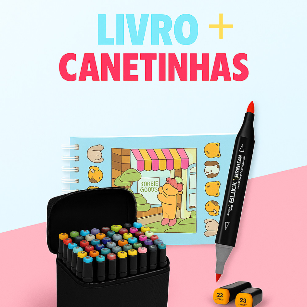 Kit Livro De Colorir 50 Páginas + Canetinhas Ponta Dupla Marca Texto 36/48/60