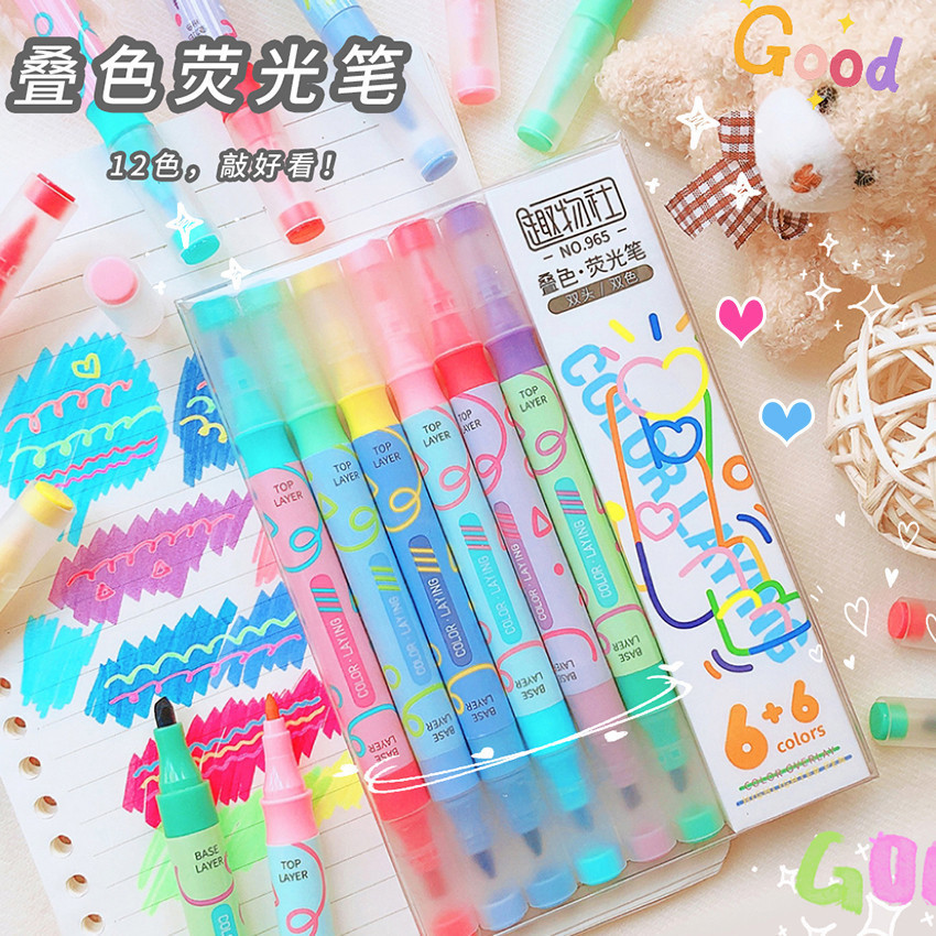 Marca Texto 6pcs Artigos De Papelaria Escolares Dupla Ponta Magic Color Stacking Cores Highlighter