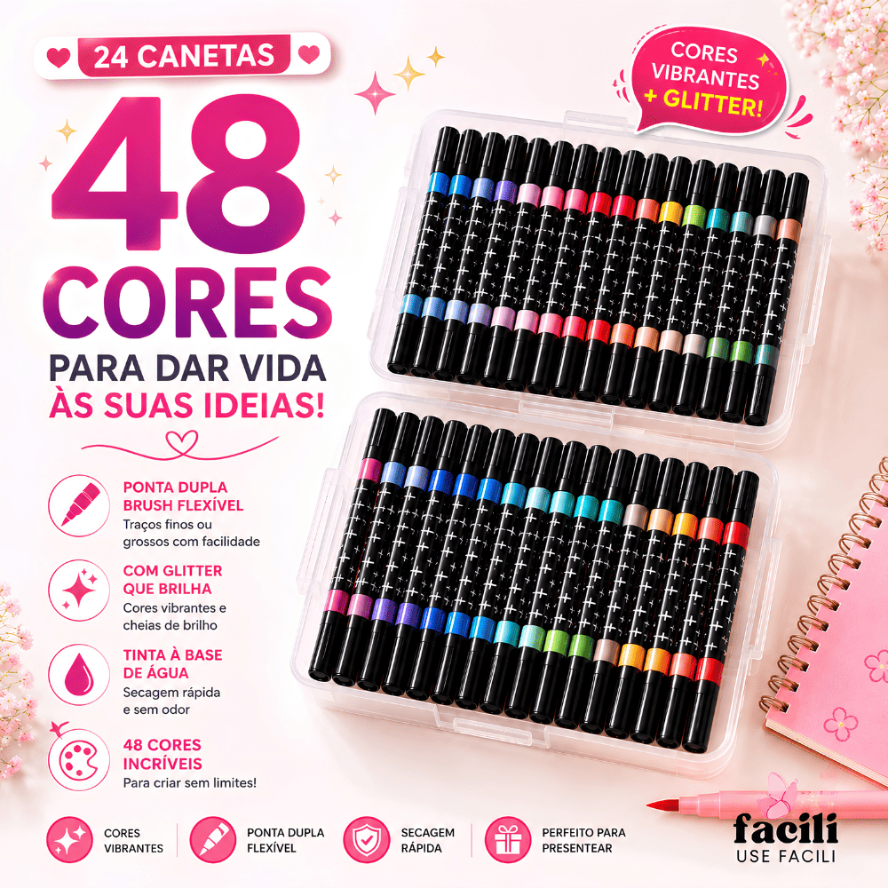 48 Cores Canetas Marcadoras Glitter Metalizada Ponta Dupla Conjunto De Canetinhas Colorir Bobby Goods