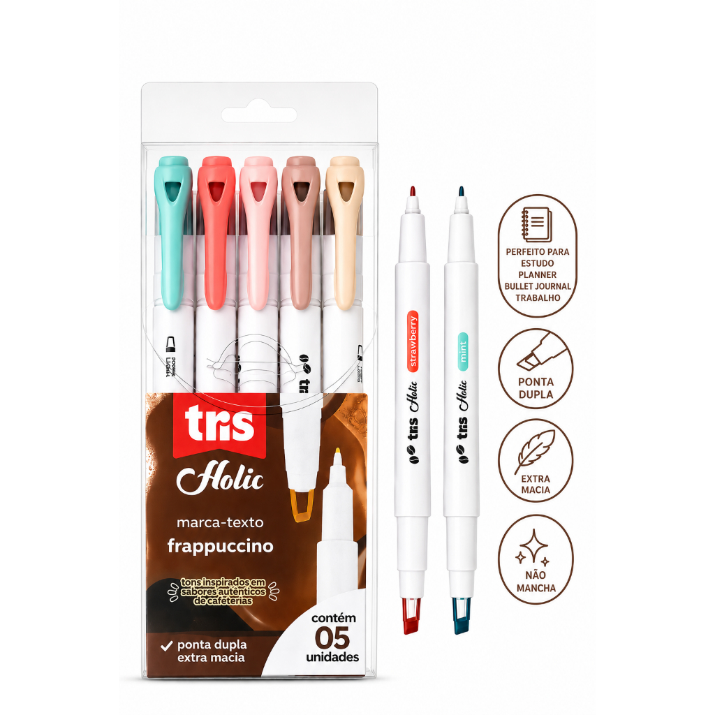 Kit Marca Texto 5 Cores Tris Holic Frappucin Ponta Dupla Cores Clara Tom  Pastel