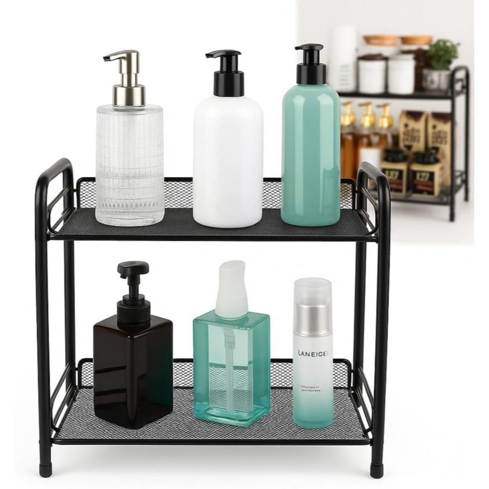 Organizador de Cosméticos 2 Prateleiras Aramado Preto Resistente Banheiro Cozinha maquiagem