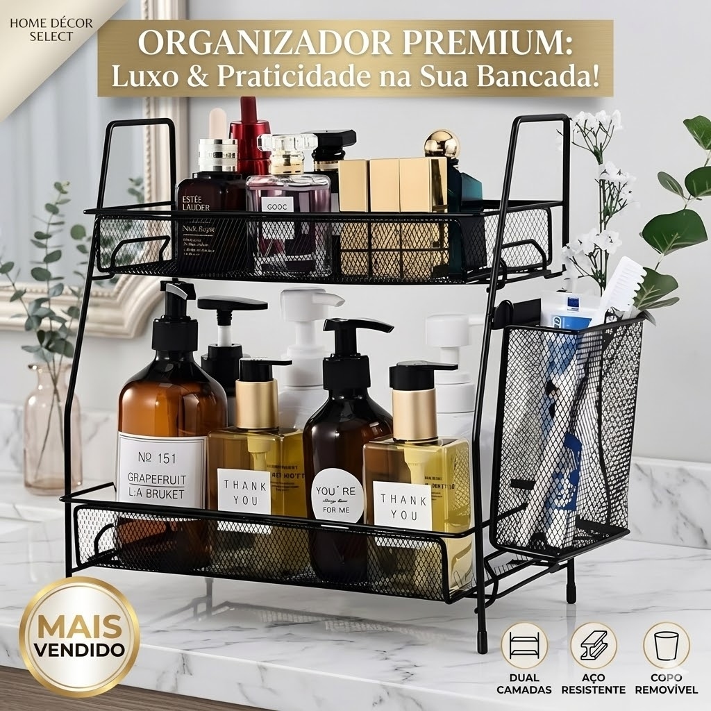 Organizador Aramado 2 Andares Preto Multiuso Design Moderno Pratico Resistente Banheiro Quarto Suíte