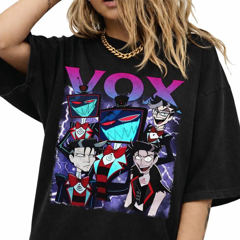 Camiseta Vox Hazbin Hotel Vintage Bootleg Rap Gráfico Anime Retrô Moda Estilosa Atemporal Fofa